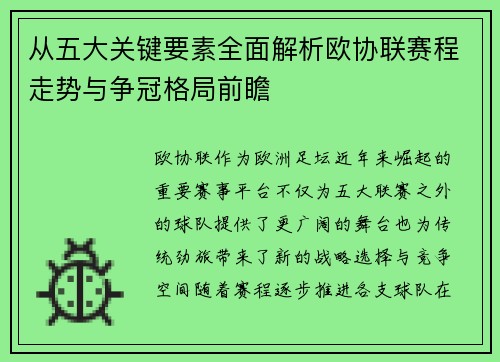 从五大关键要素全面解析欧协联赛程走势与争冠格局前瞻